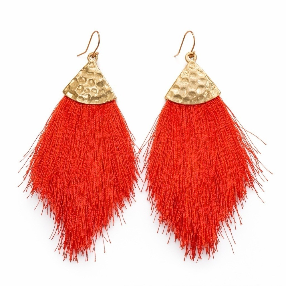 Red Tassel Earrings Hammered Gold‎ Fan Boho Statement Dangle Valentine's Day